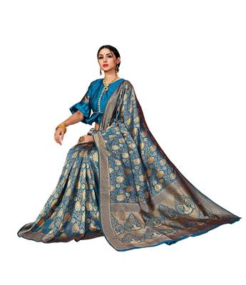 Turquoise woven banarasi silk blend saree with blouse 3