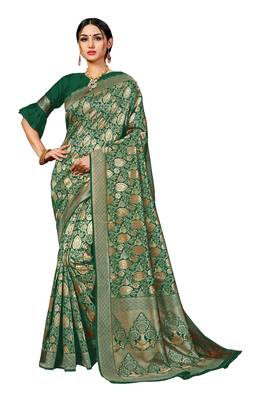 Green woven banarasi silk blend saree with blouse 1
