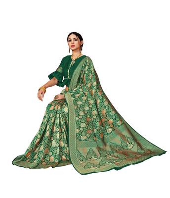 Green woven banarasi silk blend saree with blouse 3