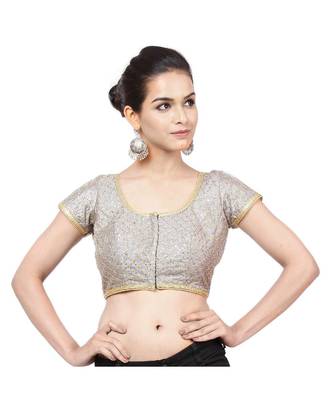 Grey Dupion Silk  Padded Designer Ready Made Saree Blouse 1