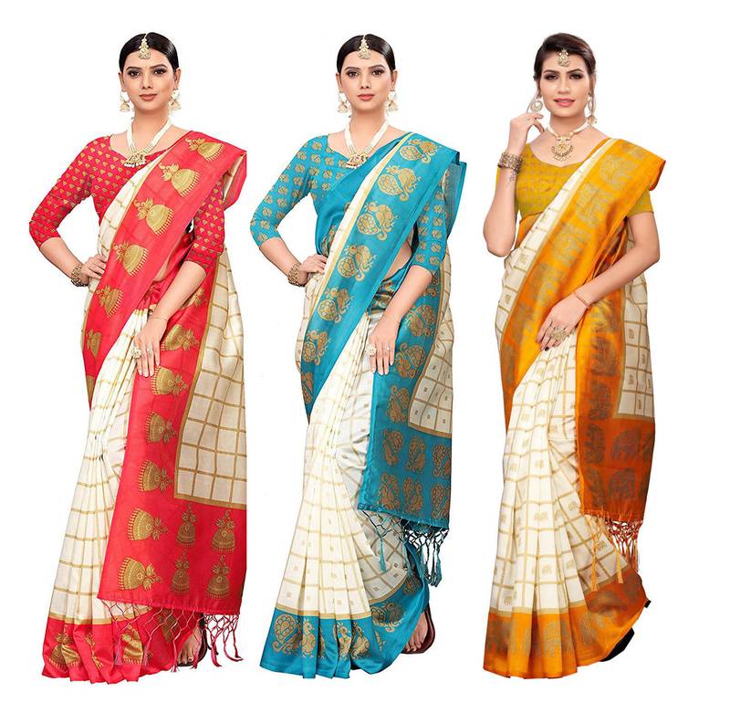 multicolor woven art silk saree with blouse ( set 3)