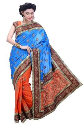   Turquoise Embroidered Art Silk Saree With Blouse 1