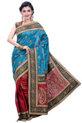   Turquoise Embroidered Art Silk Saree With Blouse 1