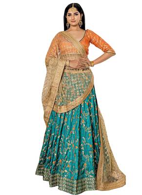 Green embroidered silk unstitched lehenga 1
