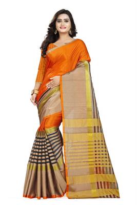 orange woven polyester saree with blouse 1