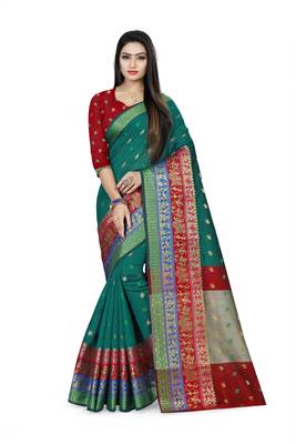 green woven silk blend saree with blouse 1