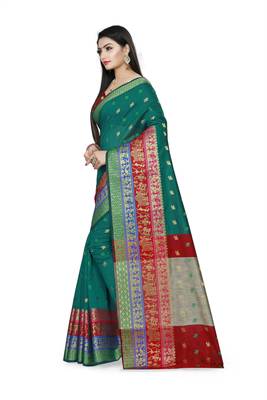 green woven silk blend saree with blouse 2