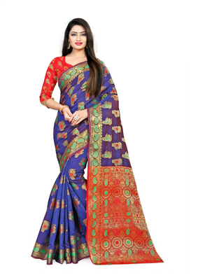 blue woven polyester saree with blouse 1