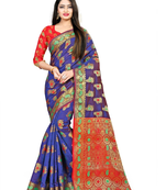 blue woven polyester saree with blouse