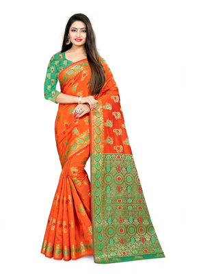 orange woven polyester saree with blouse 1