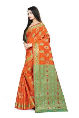 orange woven polyester saree with blouse 2