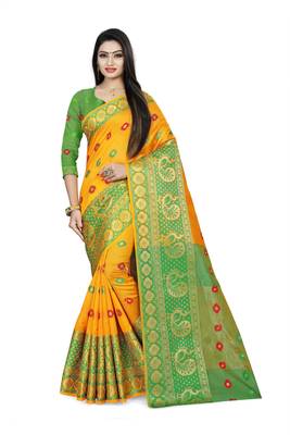 yellow woven silk blend saree with blouse 1