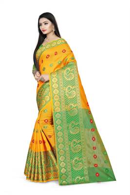 yellow woven silk blend saree with blouse 2