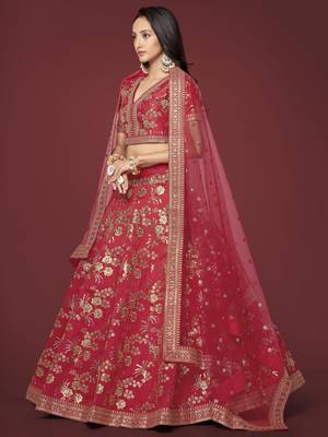 Red Dori Zari And Sequins Embroidered Thai Silk Lehenga Dress 2