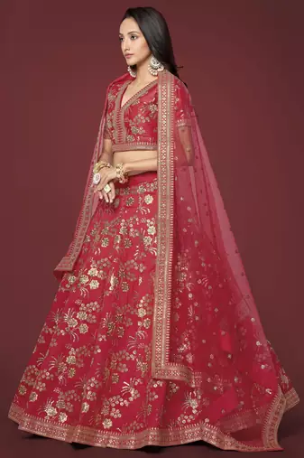 Red Dori Zari And Sequins Embroidered Thai Silk Lehenga Dress