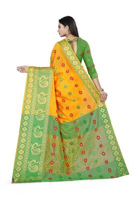 yellow woven silk blend saree with blouse 3