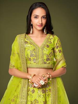 Seductive Neon Green Dori Zari And Sequins Embroidered Silk Indian Lehenga Choli Dress 3