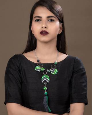 Green Coloured Ikkat Pride Long Necklace 5