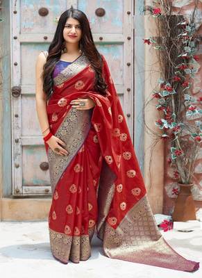 Red woven banarasi silk saree with blouse 1