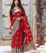 Red woven banarasi silk saree with blouse