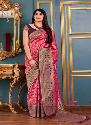 Pink woven banarasi silk saree with blouse 1