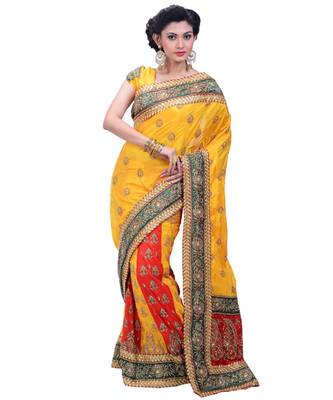Yellow Embroidered Silk Blend Saree With Blouse 1