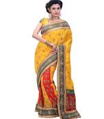 Yellow Embroidered Silk Blend Saree With Blouse