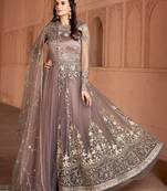 Light-brown embroidered net salwar suit without bottom
