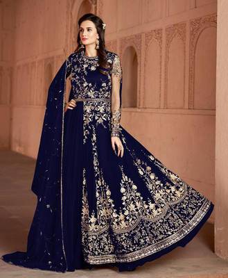 Dark-blue embroidered net salwar suit without bottom 1