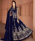 Dark-blue embroidered net salwar suit without bottom