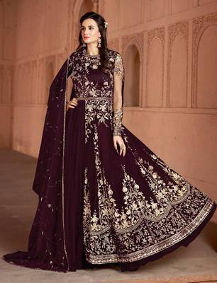 Dark-plum embroidered net salwar suit Without Bottom 1