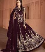 Dark-plum embroidered net salwar suit Without Bottom