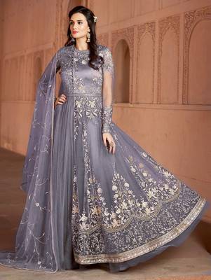Grey embroidered net salwar suit without bottom 1