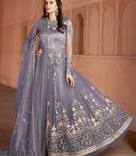 Grey embroidered net salwar suit without bottom