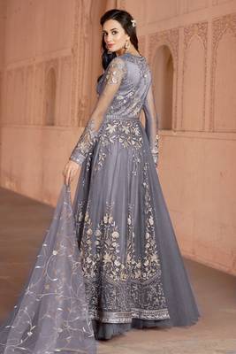 Grey embroidered net salwar suit without bottom 2