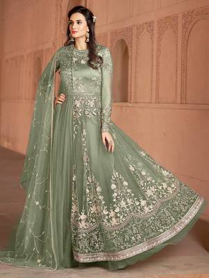 Light-olive embroidered net salwar suit without bottom 1