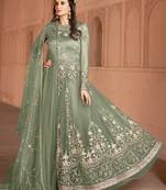 Light-olive embroidered net salwar suit without bottom