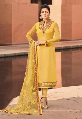 Yellow embroidered satin salwar 1