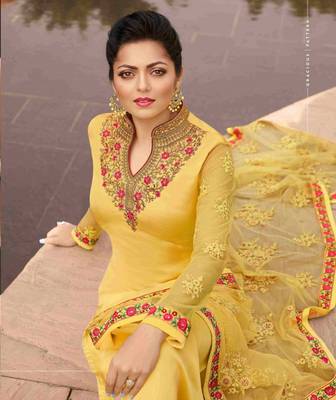 Yellow embroidered satin salwar 2