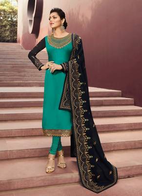 Turquoise embroidered satin salwar 1