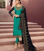 Turquoise embroidered satin salwar