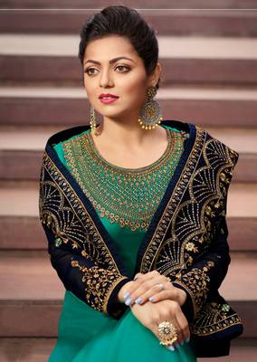 Turquoise embroidered satin salwar 2