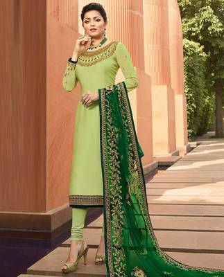 Light-parrot-green embroidered satin salwar 1