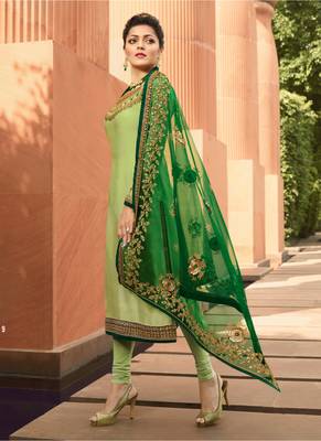 Light-parrot-green embroidered satin salwar 3