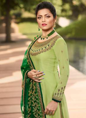 Light-parrot-green embroidered satin salwar 4
