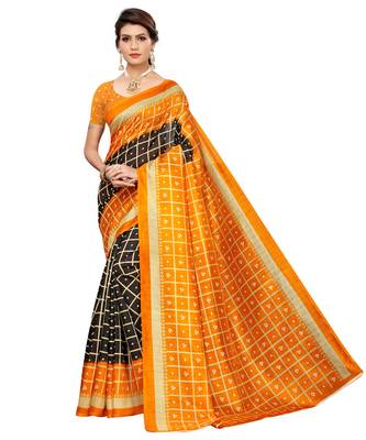 Black printed art silk saree with blouse 2