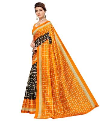 Black printed art silk saree with blouse 3