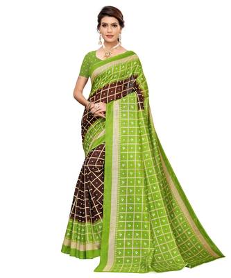 Brown printed art silk saree with blouse 2