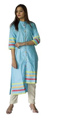 Turquoise embroidered cotton ethnic-kurtis 1