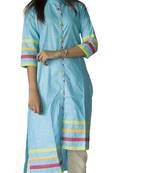 Turquoise embroidered cotton ethnic-kurtis
